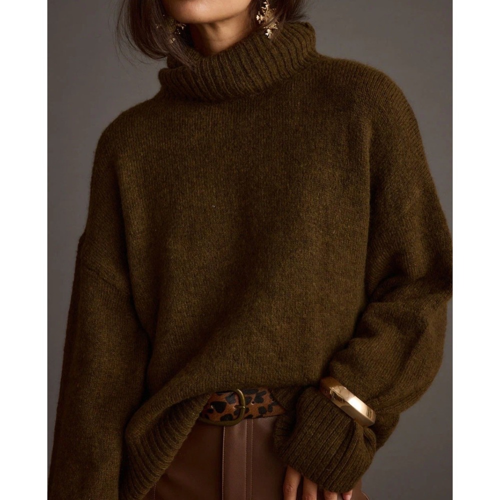 12th Tribe Womens Moss Brown Wool Blend Turtleneck Oversized Sweater PT18534-MOS